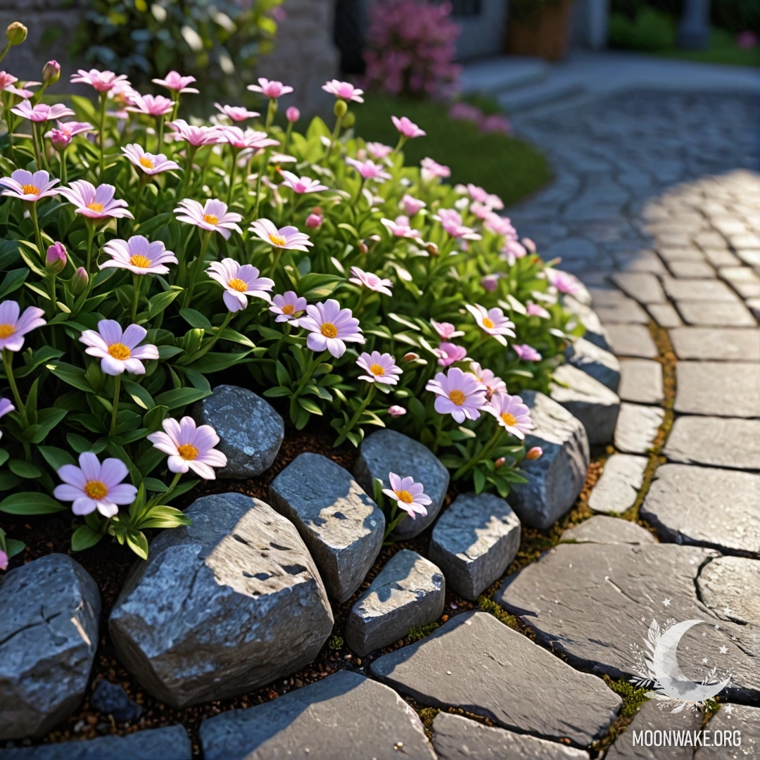 A shabby stone curb with white and pink flowers growing behind it at night.