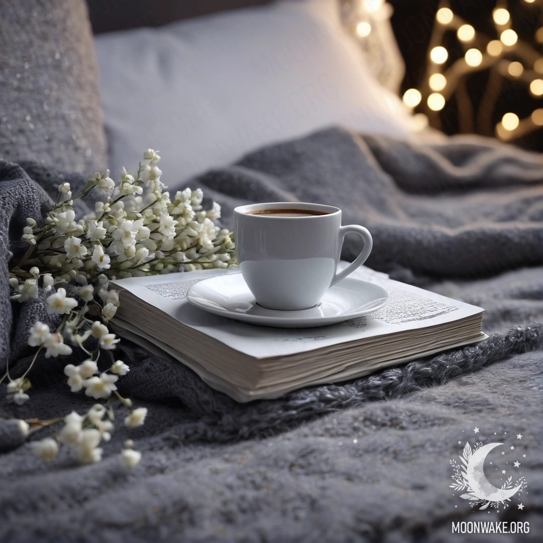 A close-up of a white chair with a gray knitted blanket, a book, a branch with white flowers, and a white cup of coffee at night.