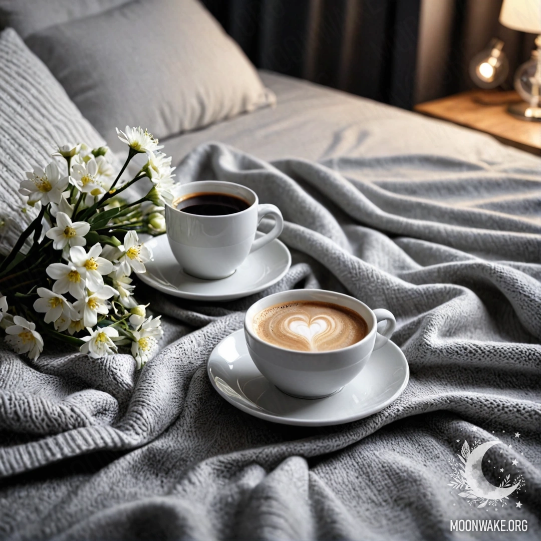 Cozy Nighttime Reading A romantic close-up of a white chair with a gray knitted blanket, a book, a branch with white flowers, and a white cup of coffee on it at night.