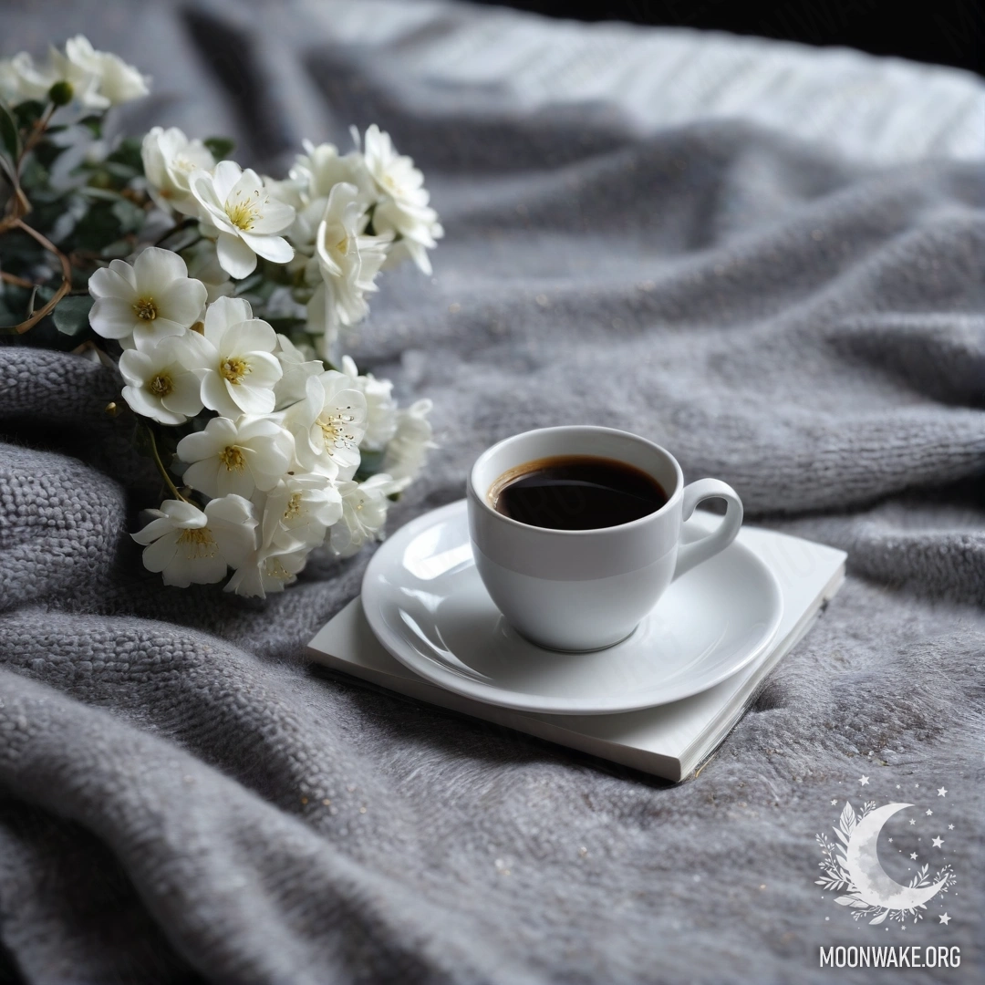 A peaceful white chair with a gray knitted blanket, a book, a branch with white flowers, and a white cup of coffee at night.