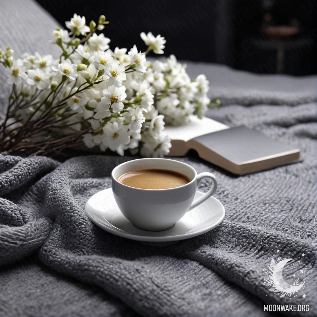A close-up of a peaceful white chair with a gray knitted blanket, a book, a branch with white flowers, and a white cup of coffee on it at night.