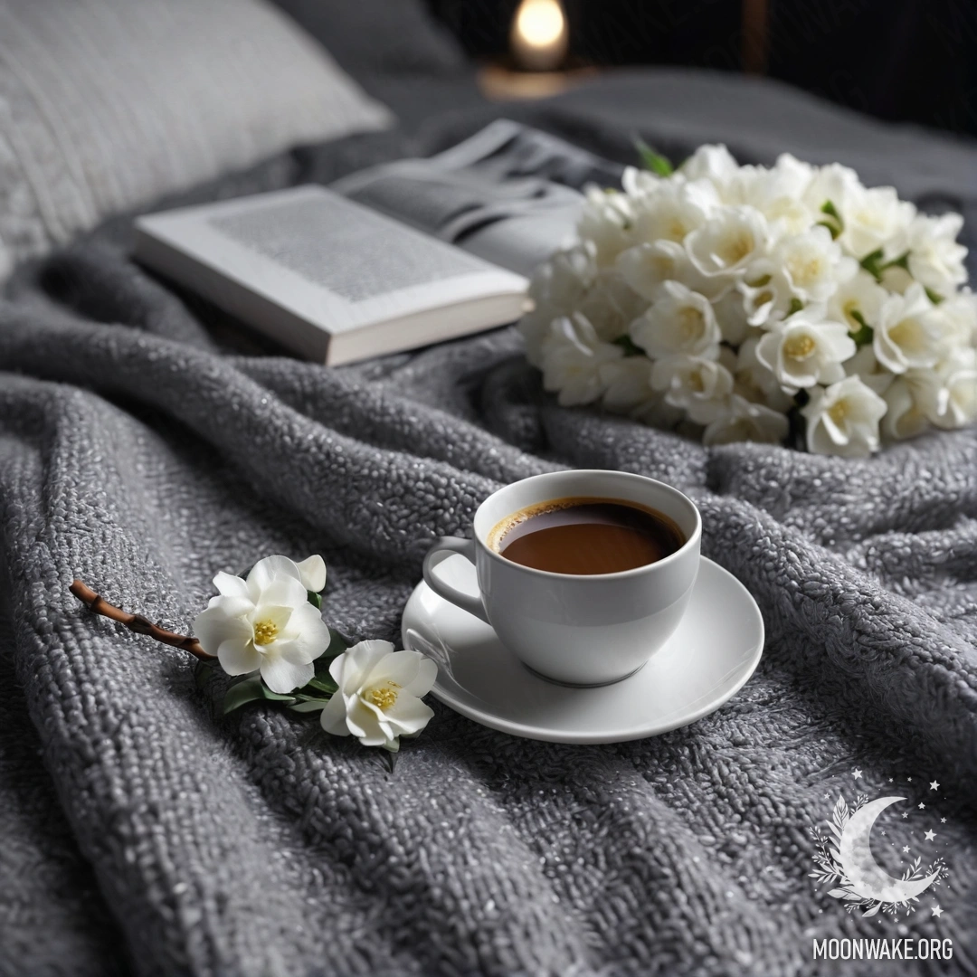 Cozy Nighttime Retreat A peaceful white chair decorated with a gray knitted blanket, a book, a branch with white flowers, and a white cup of coffee at night.
