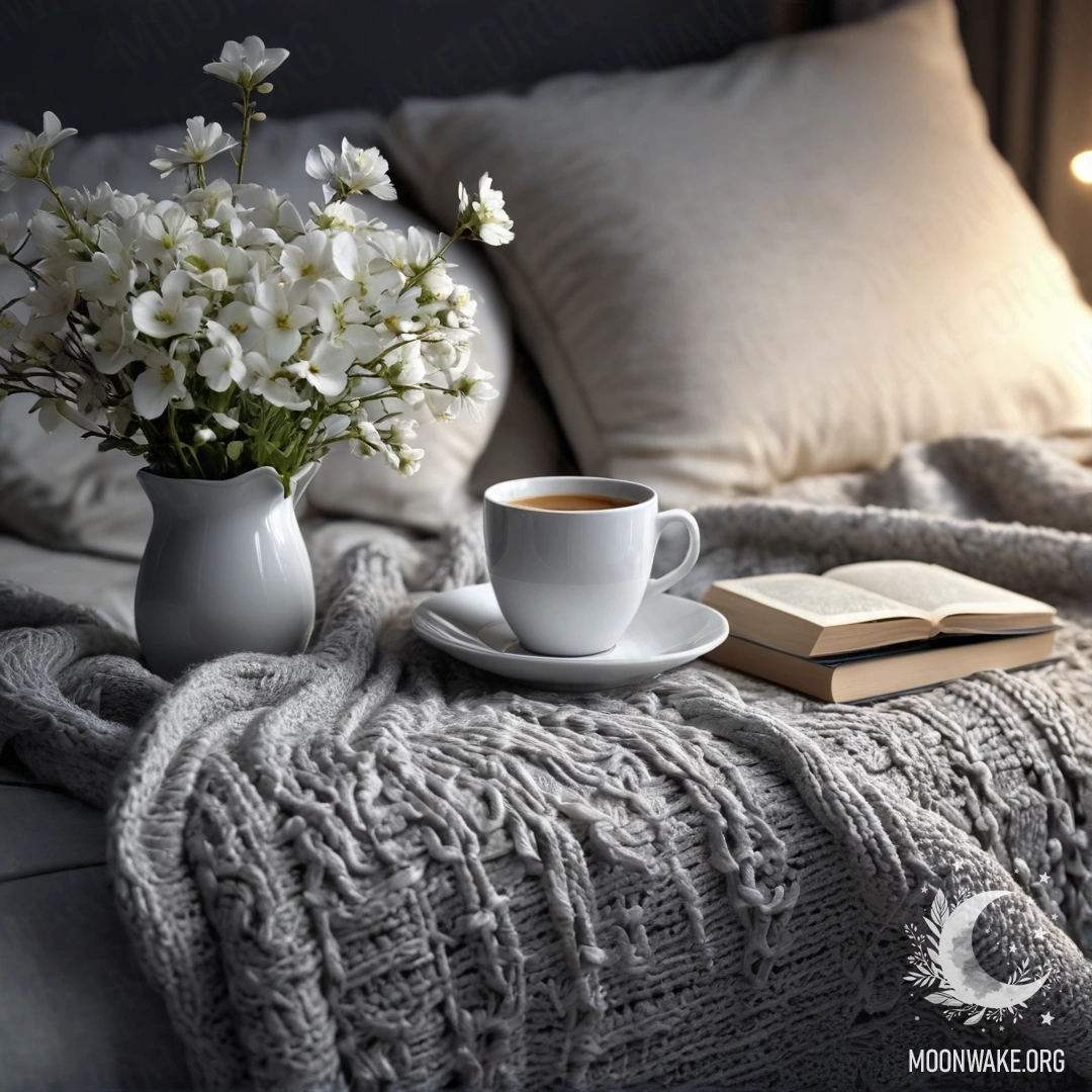 A close-up of a romantic white chair with a gray knitted blanket, a book, a branch with white flowers, and a white cup of coffee in a night setting.