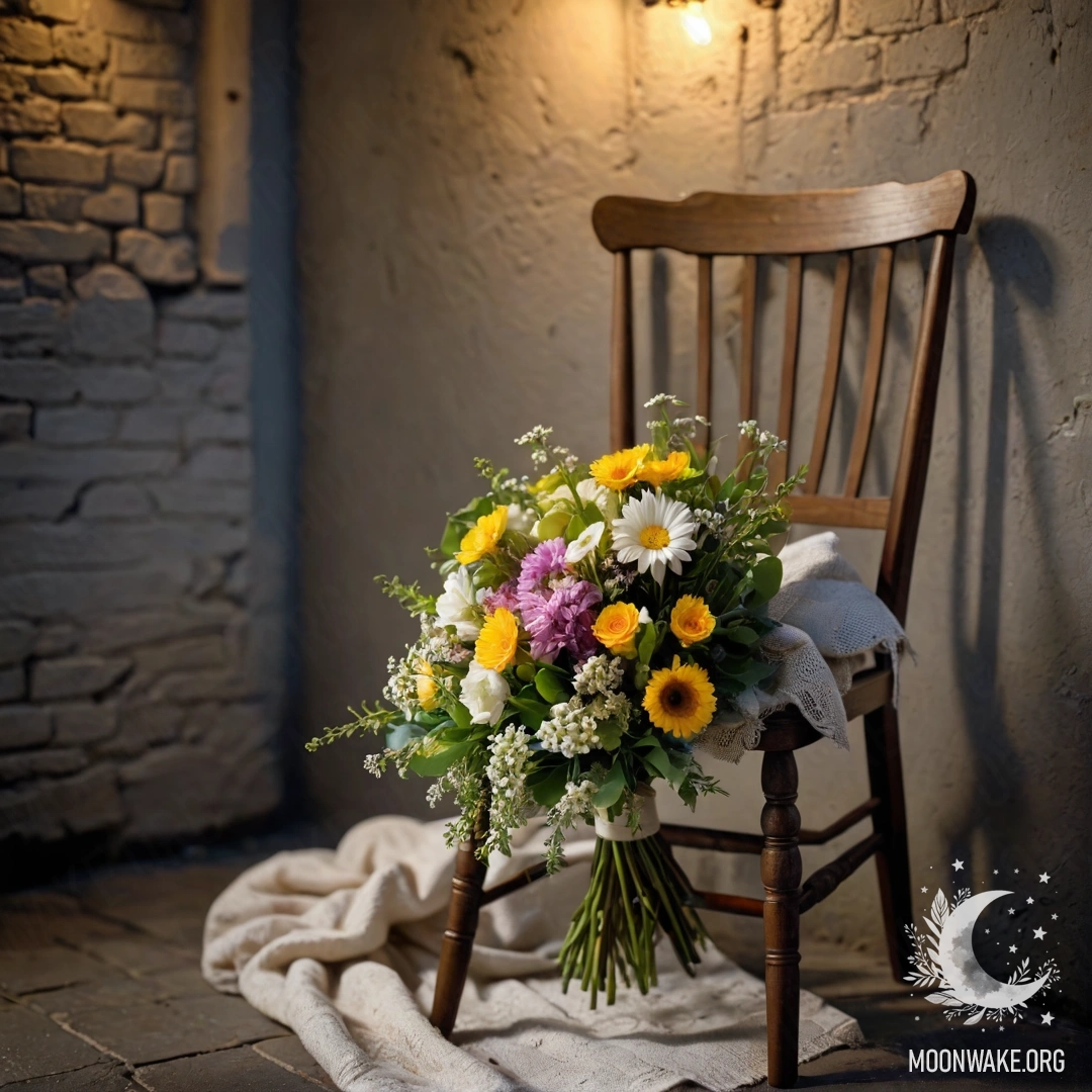 A Cozy Nighttime Still Life With Flowers A chair against a shabby wall, with a blanket and a bouquet of flowers on it, illuminated at night.