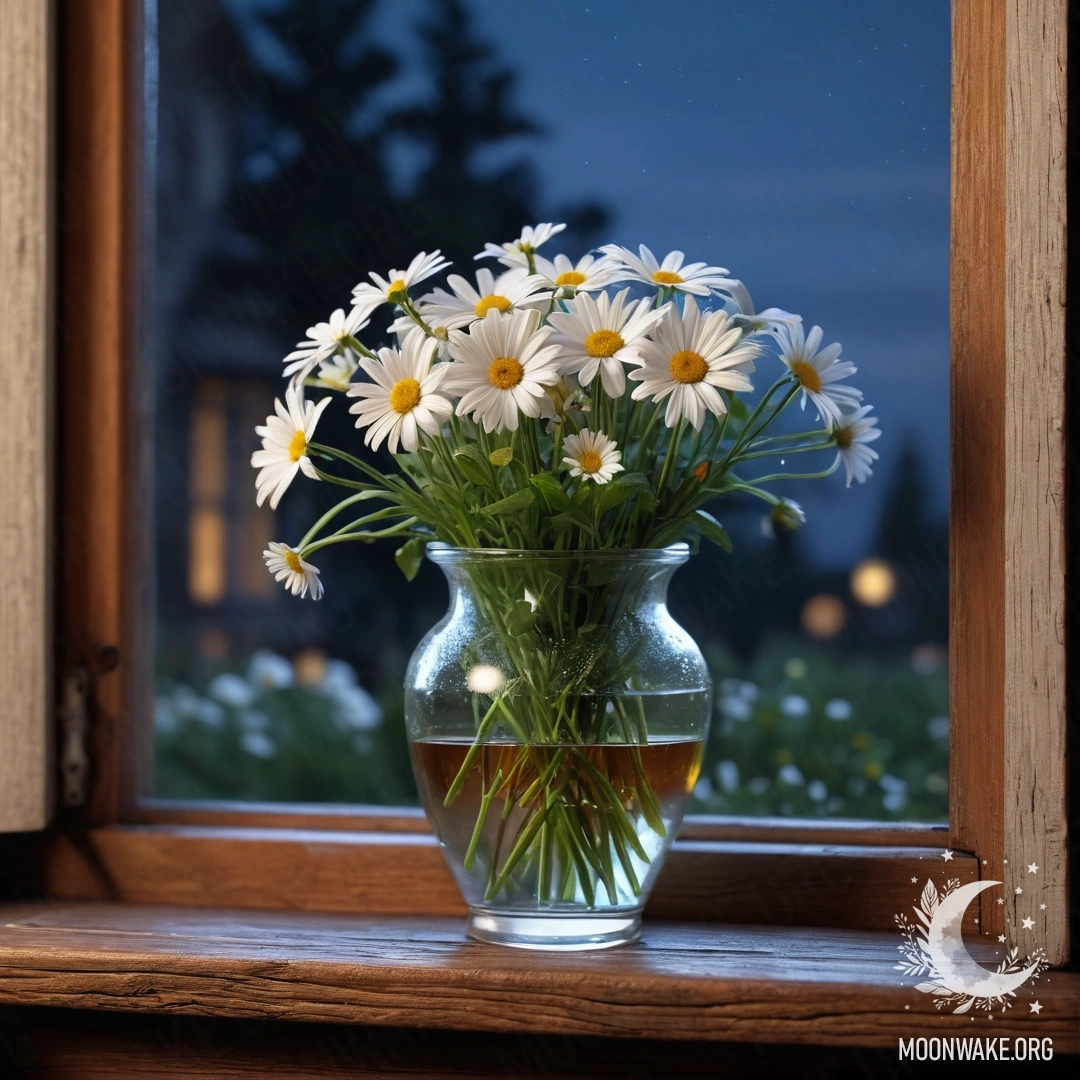 A glass vase filled with daisies sits on a wooden windowsill at night.