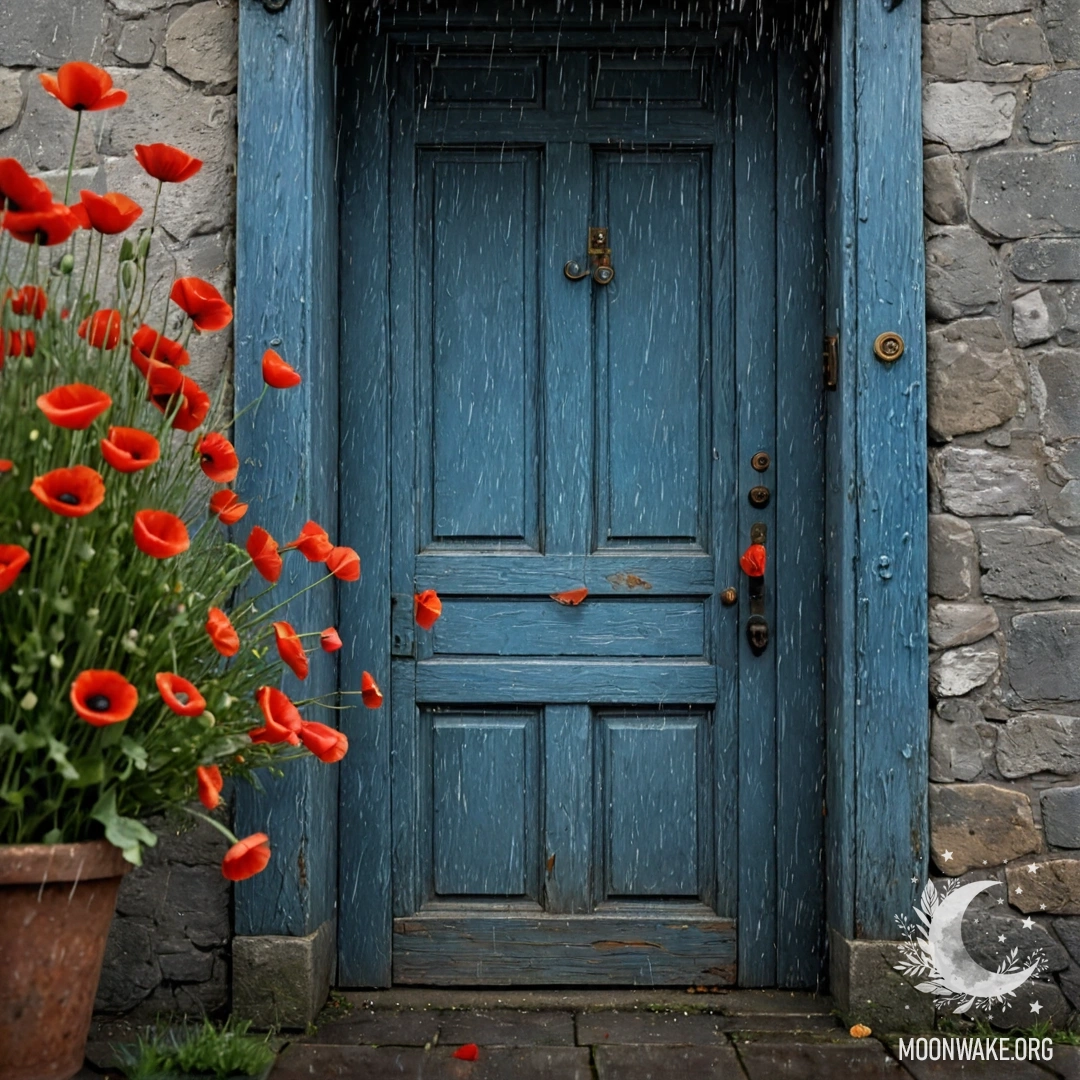 An old shabby blue door with a bouquet of poppies in the handle under the rain.