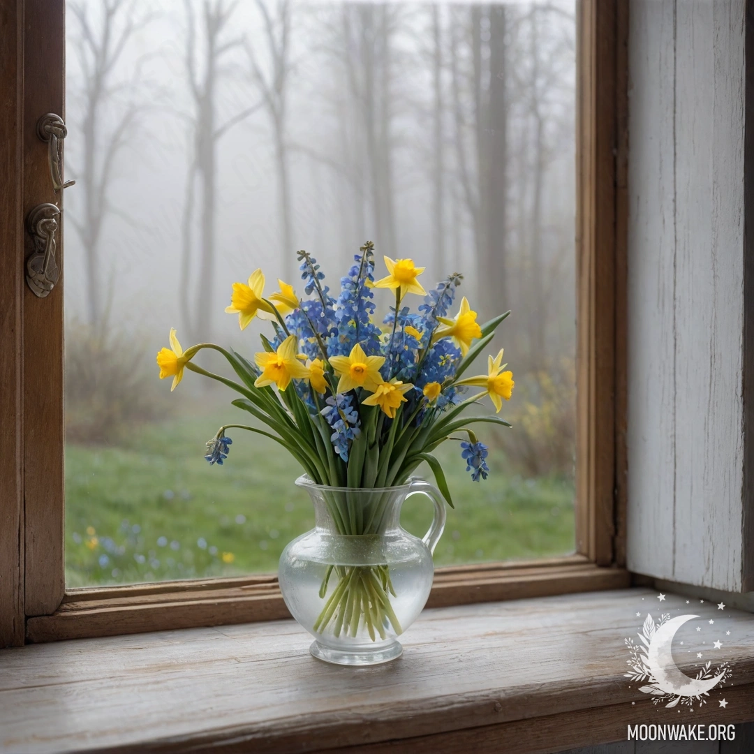 A cozy old wooden window sill adorned with a white porcelain vase filled with daffodils and forget-me-nots, enveloped in dense fog.