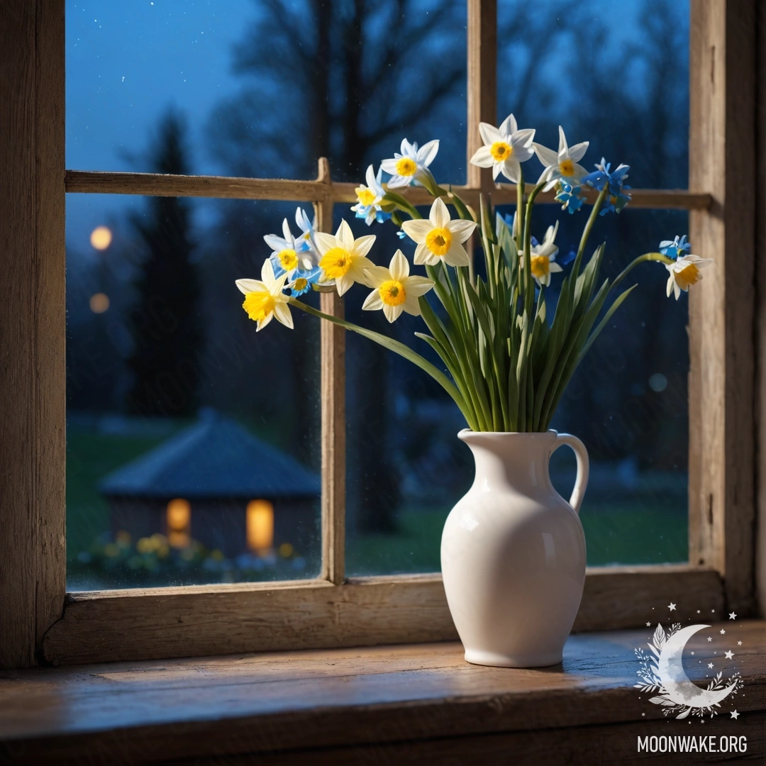 An old wooden window sill at night with a white vase and flowers.