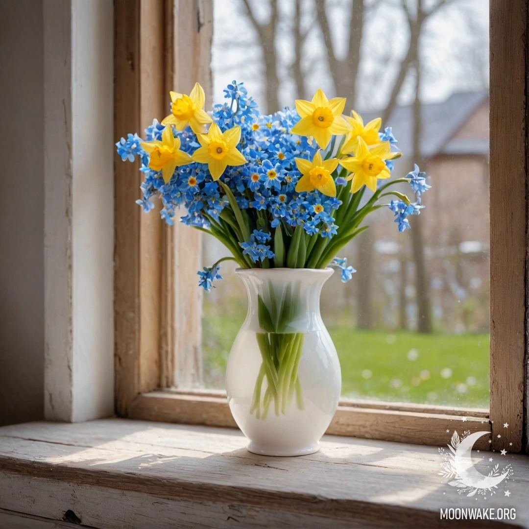 A weathered wooden window sill adorned with a white porcelain vase filled with daffodils and forget-me-nots.