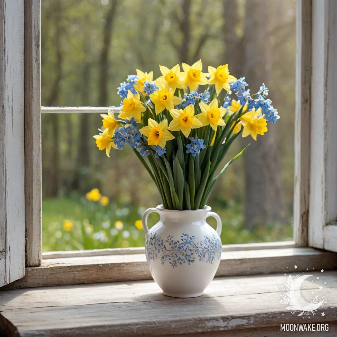 A shabby old wooden window sill adorned with a white porcelain vase holding blooming daffodils and forget-me-nots.