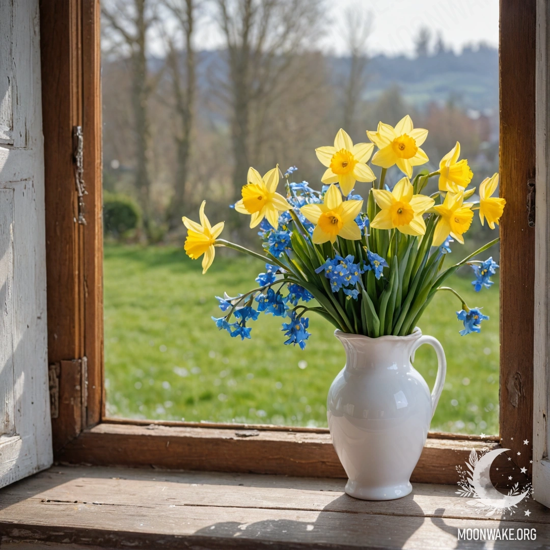 An old shabby wooden window sill with a white porcelain vase holding daffodils and forget-me-nots, adorned with soft garland lights.