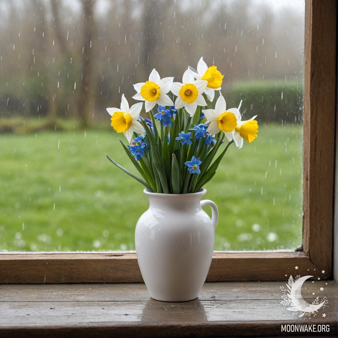 A shabby wooden window sill with a white porcelain vase containing daffodils and forget-me-nots, gently illuminated by the rain.