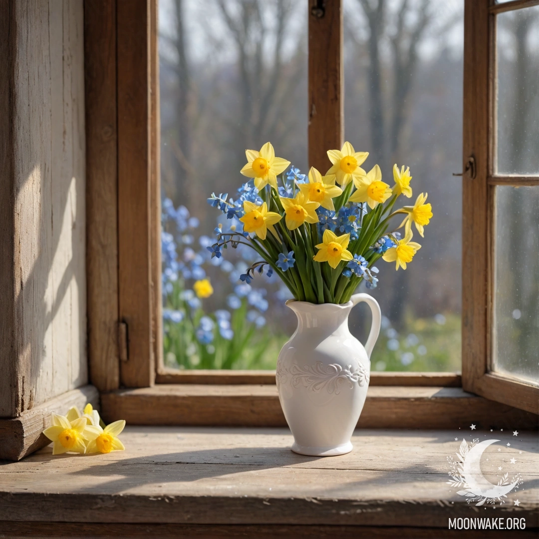 Charming Vintage Window Sill with Flowers A cozy old wooden window sill with a white vase holding daffodils and forget-me-nots.