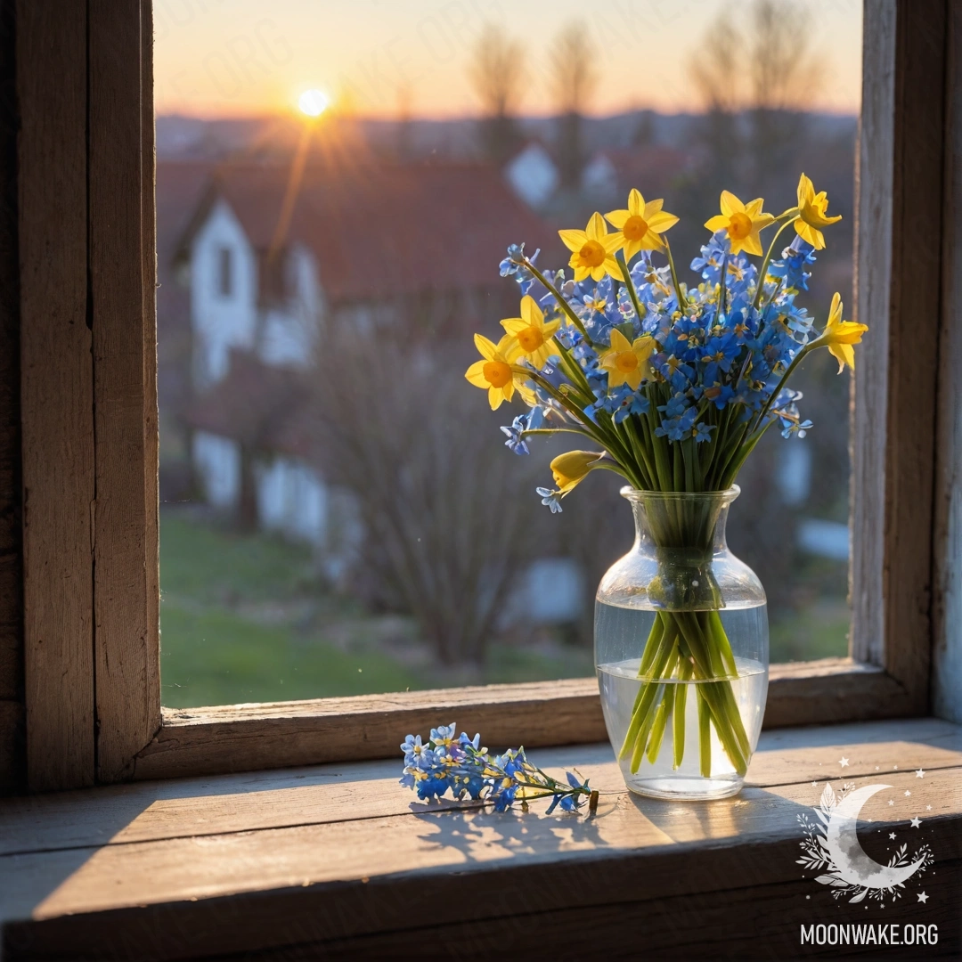 Daffodils and Forget-Me-Nots on a Cozy Windowsill A cozy old wooden windowsill with a white porcelain vase filled with daffodils and forget-me-nots at sunset.