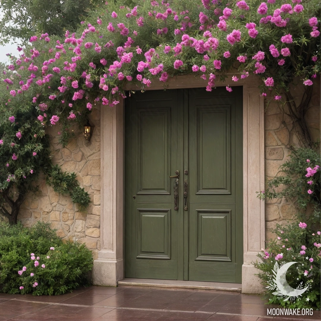 Cozy Olive Door with Blooming Tree A cozy olive door beneath a blooming tree with pink flowers during the rain.