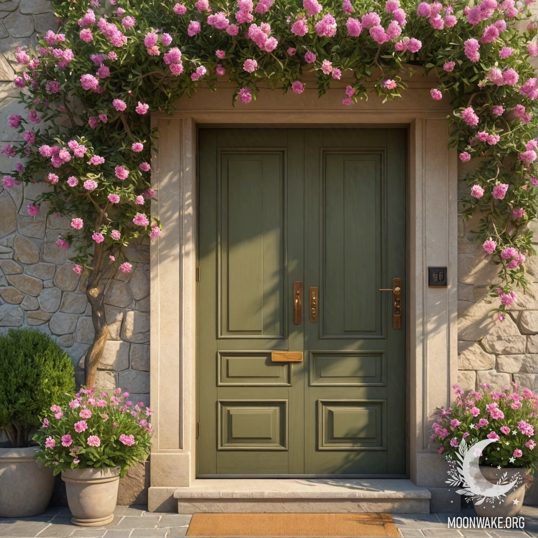 A cozy olive-green door beneath a blossoming tree with pink flowers and sun rays.