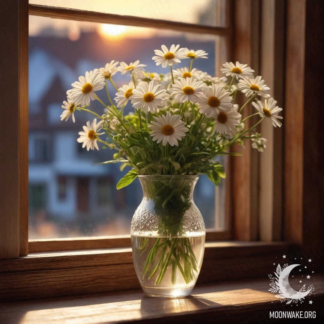 A glass vase with daisies sits on a vintage wooden windowsill at sunset.