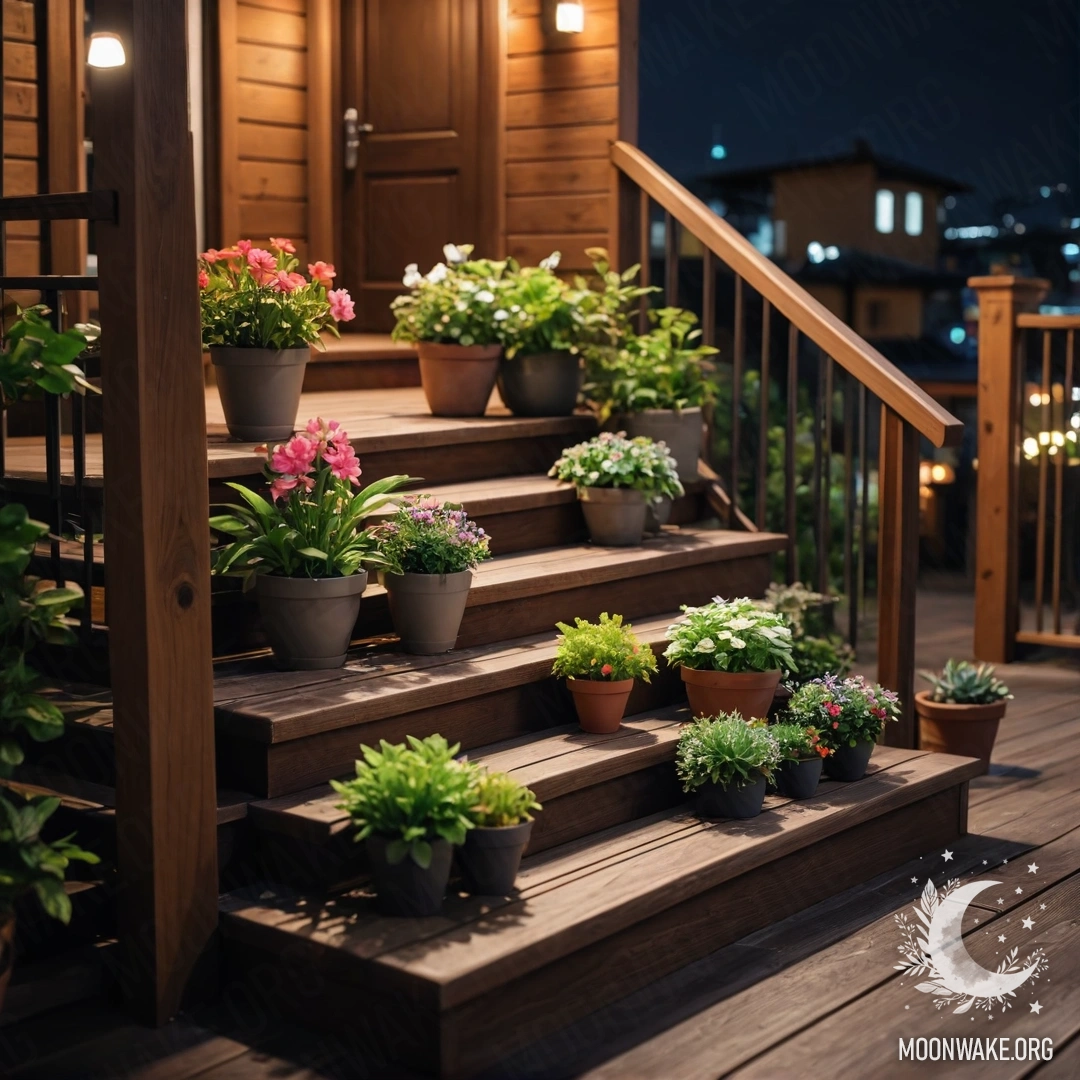 A serene wooden staircase adorned with flowerpots at night.
