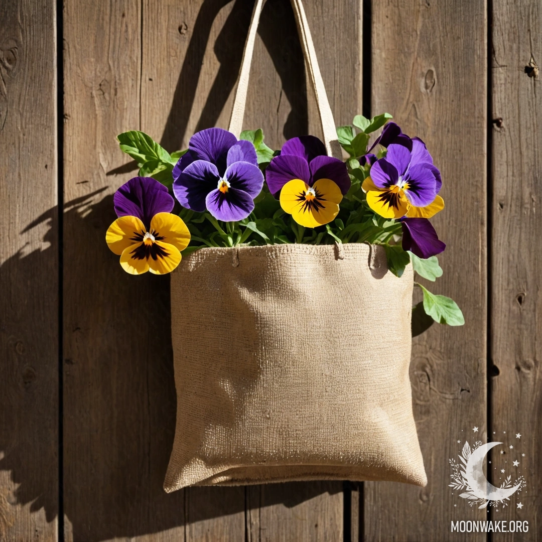 A small burlap bag hanging on a shabby wooden wall, filled with pansies and illuminated by sunlight.