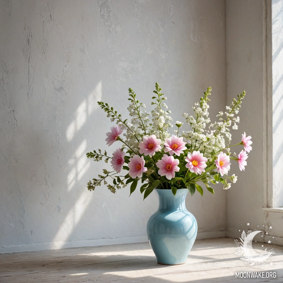 A shabby pastel blue vase filled with white and pink flowers against a weathered white wall, illuminated by soft sun rays.