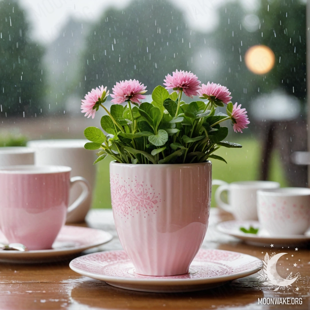 Cozy Porcelain Cups Under Rain A round straw napkin with white porcelain cups featuring a pink pattern, and a clover in a white vase, all under the rain.