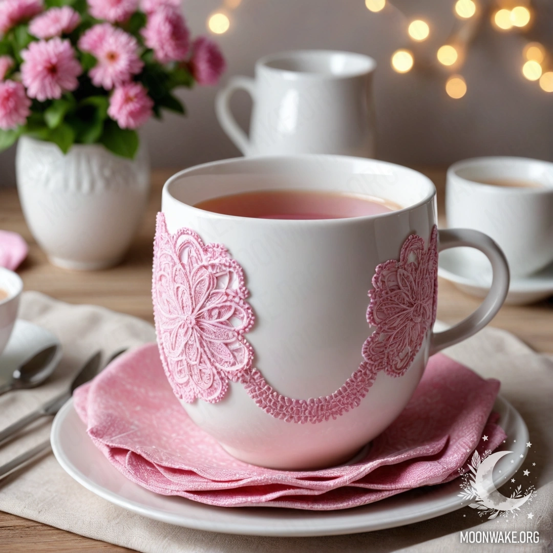 Cozy Porcelain Tea Setup A round straw napkin with white porcelain cups adorned with pink patterns, featuring a clover in a white vase illuminated by a garland light.