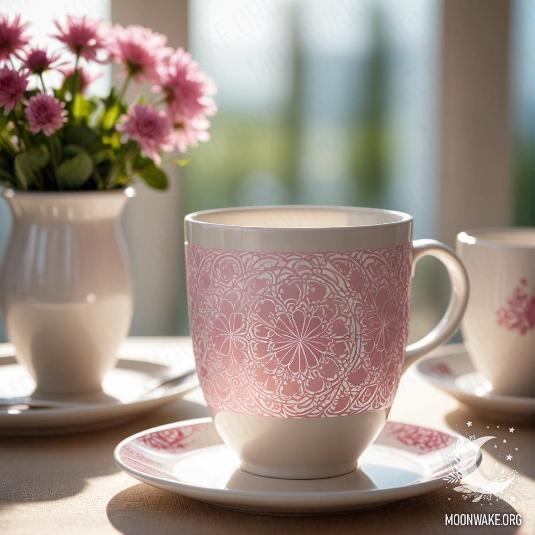 Cozy Porcelain Teacups on a Straw Napkin A round straw napkin holds white porcelain cups adorned with a pink pattern, accompanied by a clover in a white vase, illuminated by sunlight.