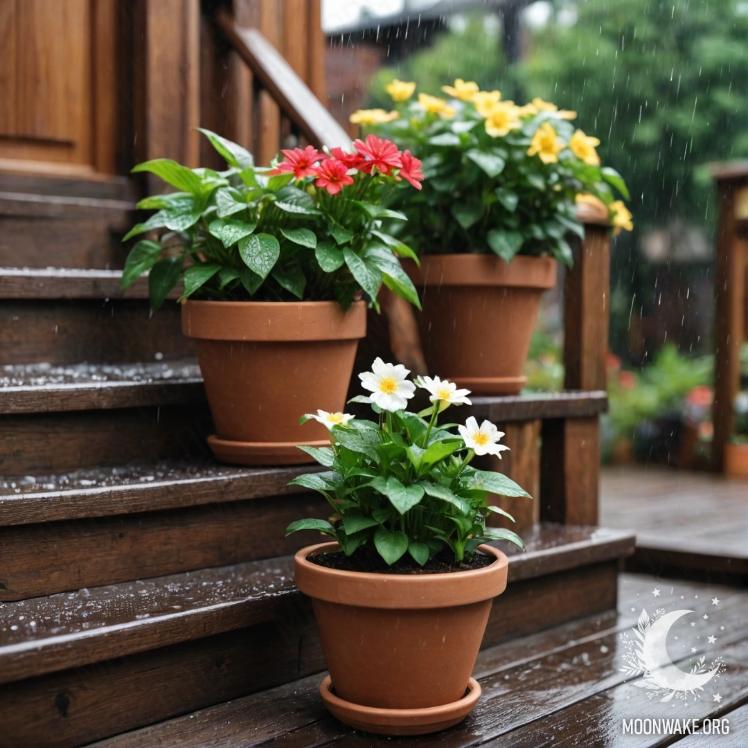 Cozy Rainy Ambience with Flowerpots A wooden staircase adorned with flowerpots resting beneath the rain.
