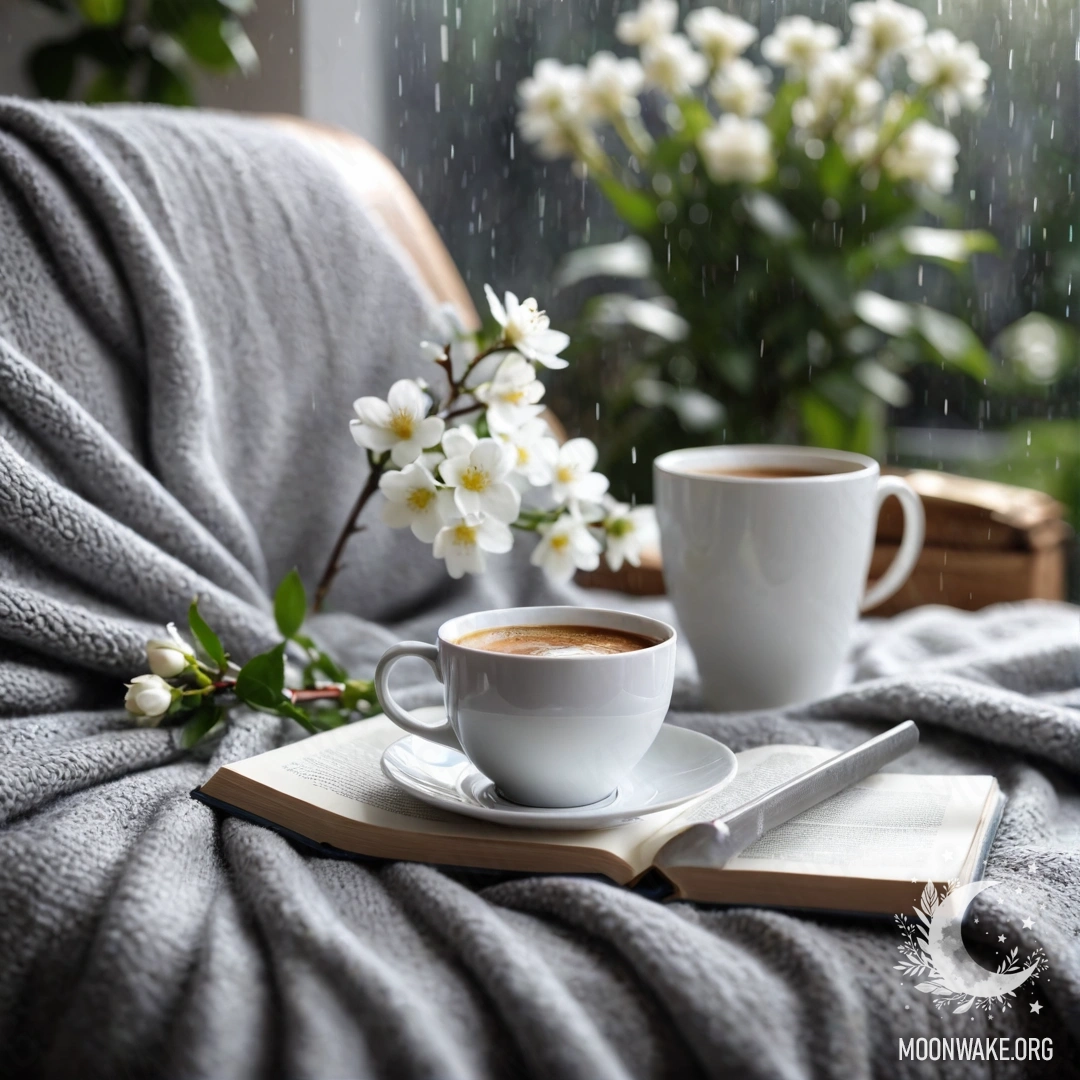 Cozy Rainy Day Set-Up with White Chair Close-up of a white chair with a knitted blanket, a book, white flowers, and a cup of coffee under the rain.
