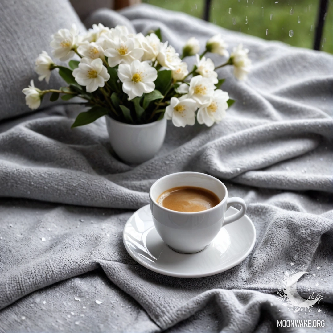Cozy Rainy Day Setup A close-up of a romantic white chair with a gray knitted blanket, a book, a branch with white flowers, and a white cup of coffee on it, under the rain.
