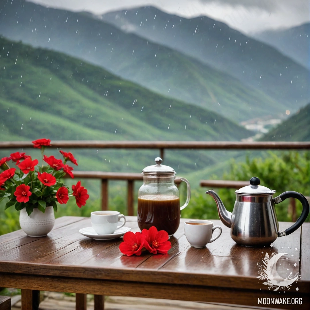 Cozy Rainy Day Table Setting An abstract wooden table with a jar of red flowers, a coffee pot, and cups against mountainous scenery under rain.