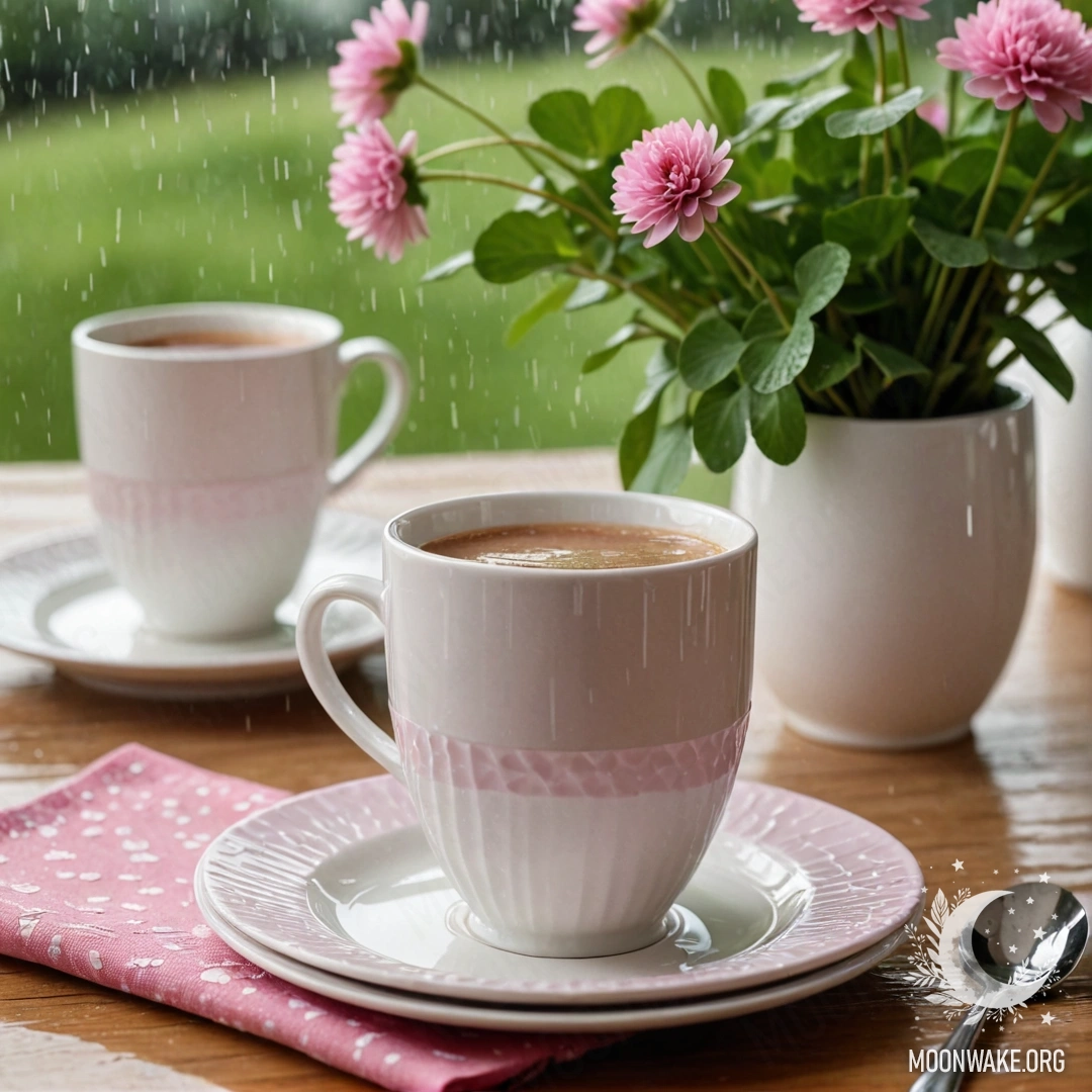 A cozy scene featuring a round straw napkin with white porcelain cups decorated with a pink pattern and a clover in a white vase under the rain.