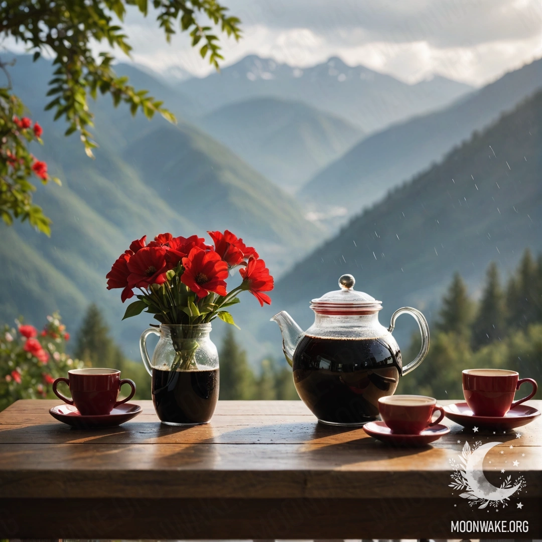 A wooden table with a jar of red flowers, a coffee pot and cups, set against a mountain backdrop with falling rain.