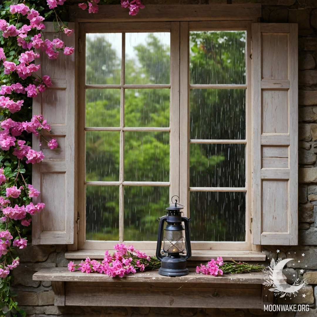 A shabby wooden window with pink flowers and a kerosene lamp above it, framed by rain.