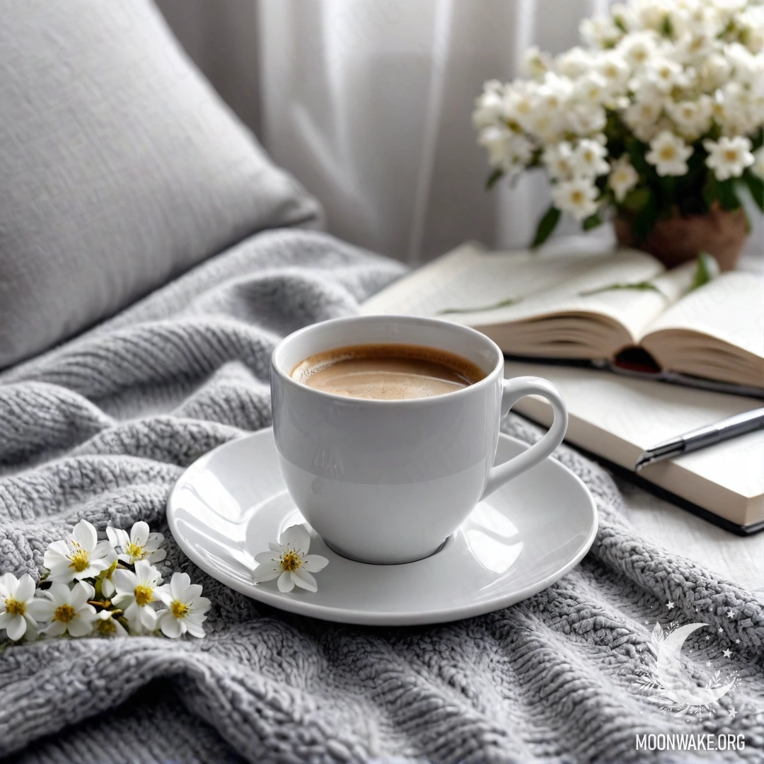 A close-up of a beautiful white chair featuring a gray knitted blanket, a book, a branch with white flowers, and a white cup of coffee, evoking a sense of warmth and comfort.