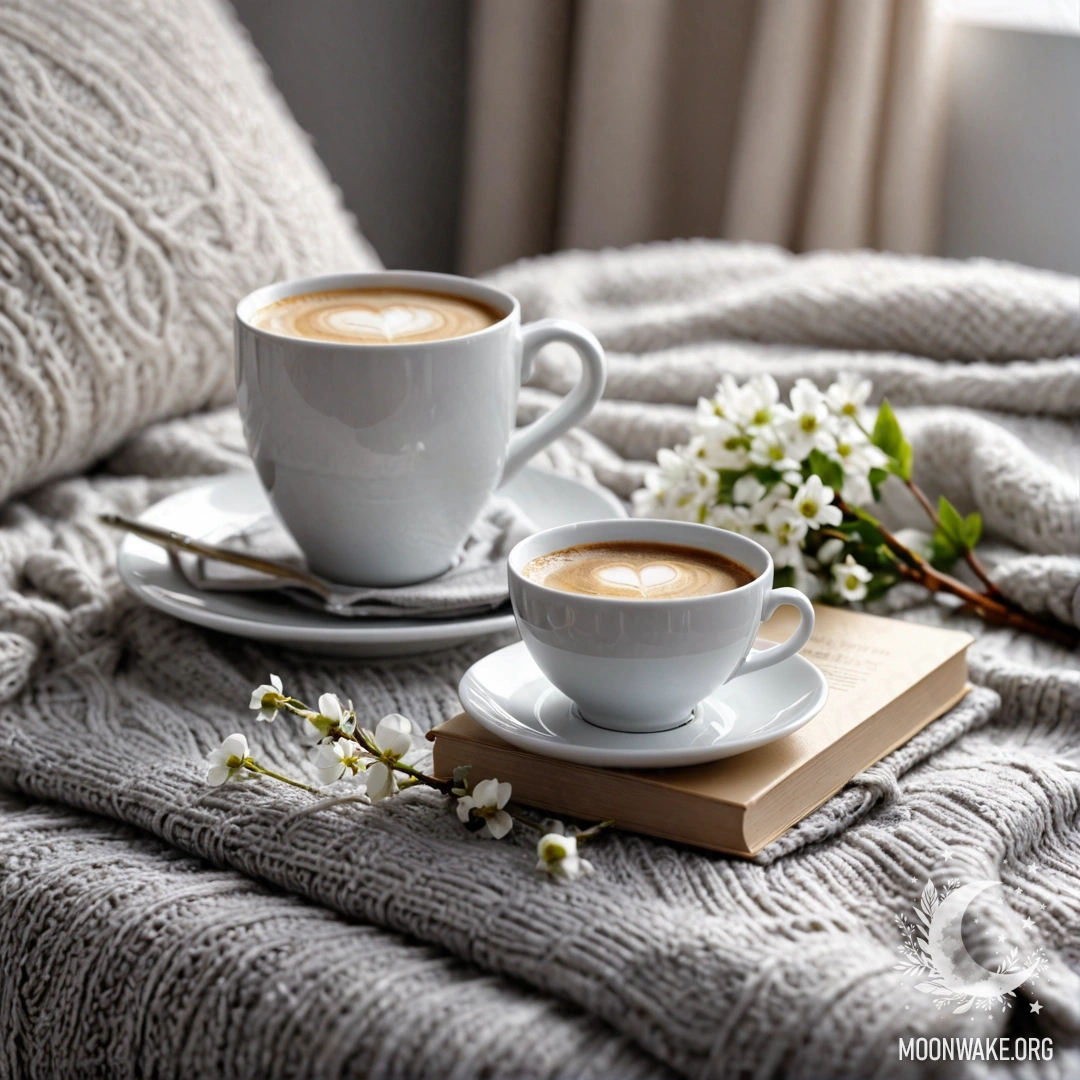 Cozy Romantic Scene with White Chair and Coffee A close-up of a white chair decorated with a gray knitted blanket, a book, a branch of white flowers, and a white cup of coffee, illuminated by sun rays.