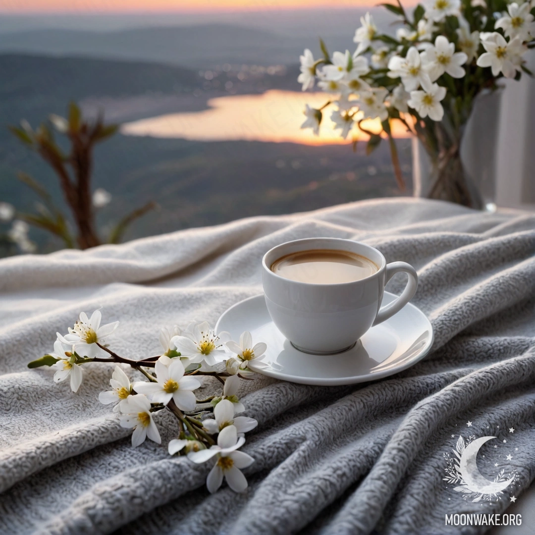 A close-up of a white chair with a gray knitted blanket, a book, a branch with white flowers, and a white cup of coffee on a table, illuminated by sunset.