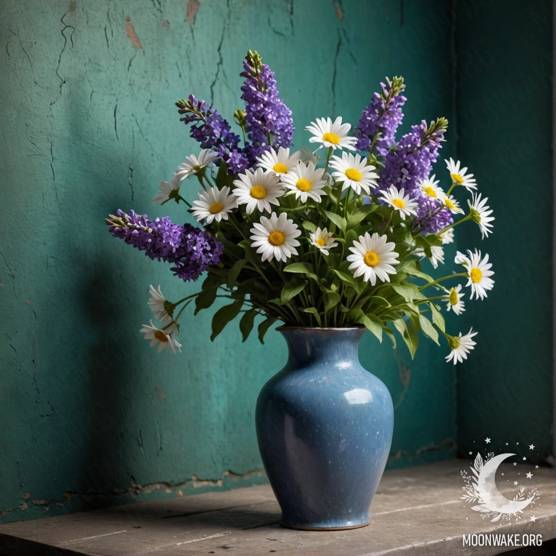 A shabby blue vase filled with daisies and lilacs against a greenish wall at night.