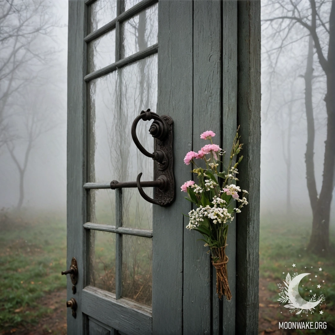 A cozy shabby door with twigs and flowers on the handle, surrounded by dense fog.