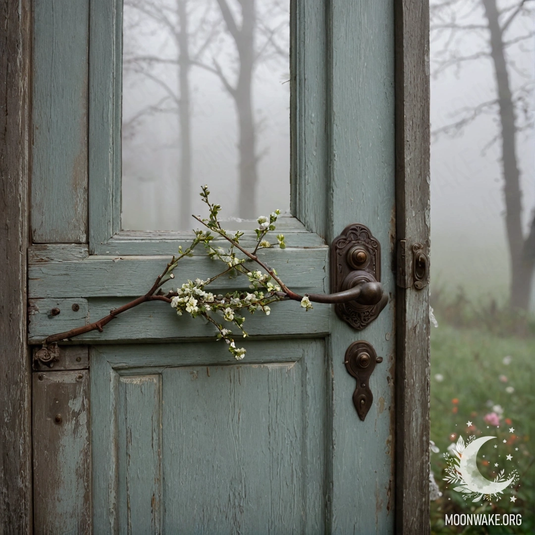 Cozy Shabby Door in Mist An old shabby door adorned with twigs and flowers, shrouded in dense fog.