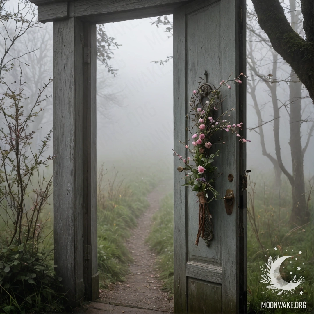 Cozy Shabby Door in Mist A shabby door adorned with twigs and flowers in dense fog.