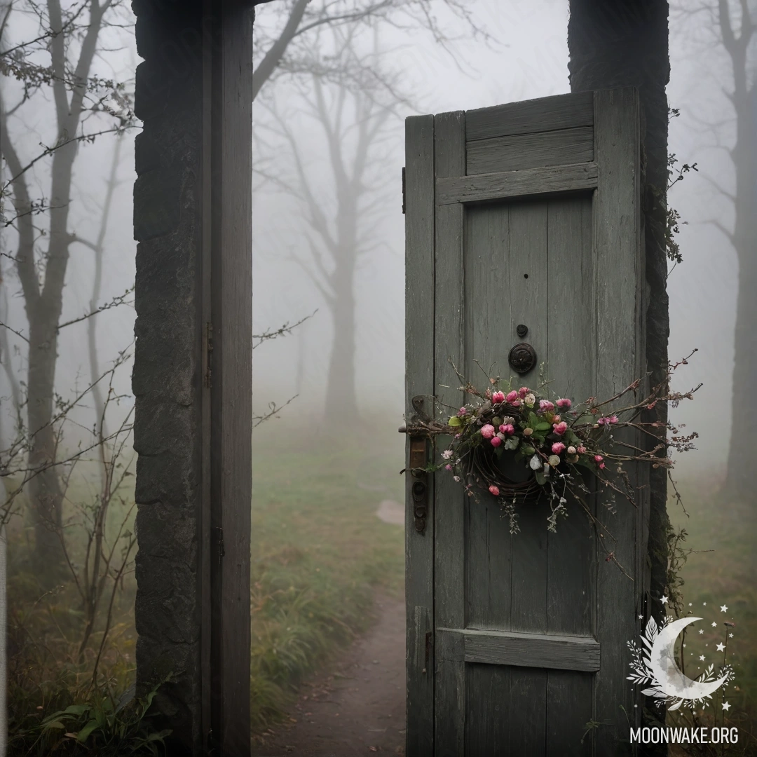 A shabby door adorned with twigs and flowers, enveloped in dense fog.