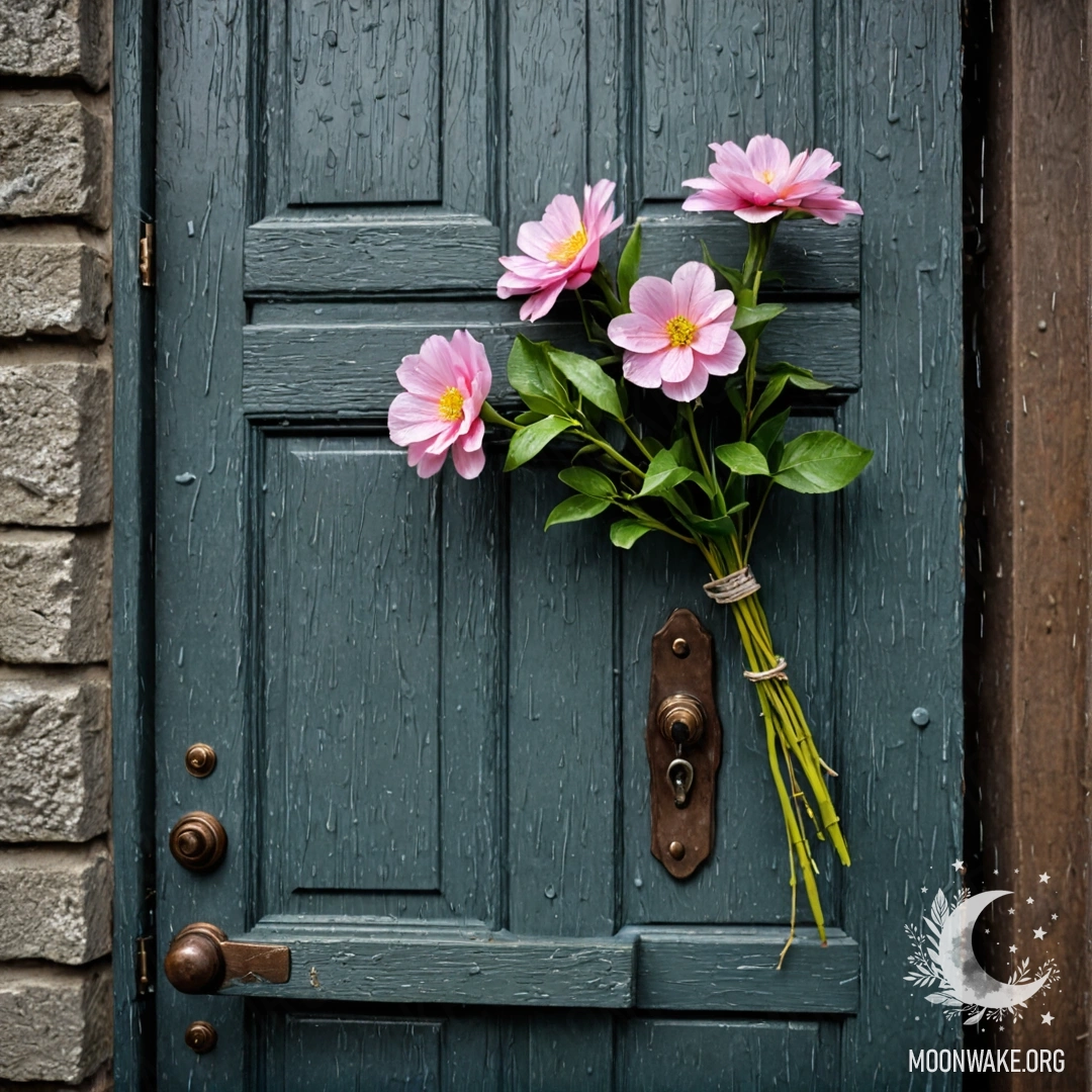 Cozy Shabby Door with Rainy Atmosphere A shabby door adorned with twigs and flowers on the handle, wet from rain.