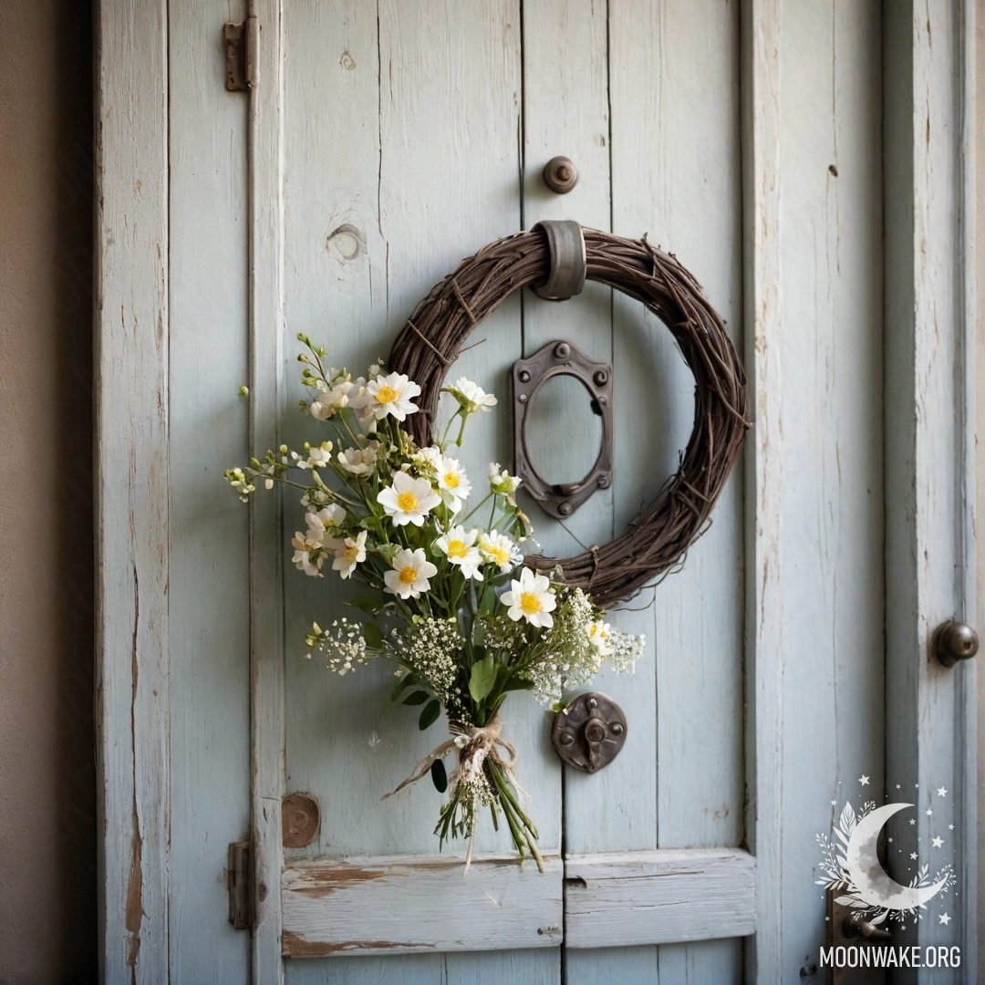 A shabby door adorned with twigs and flowers on the handle, illuminated by sun rays.