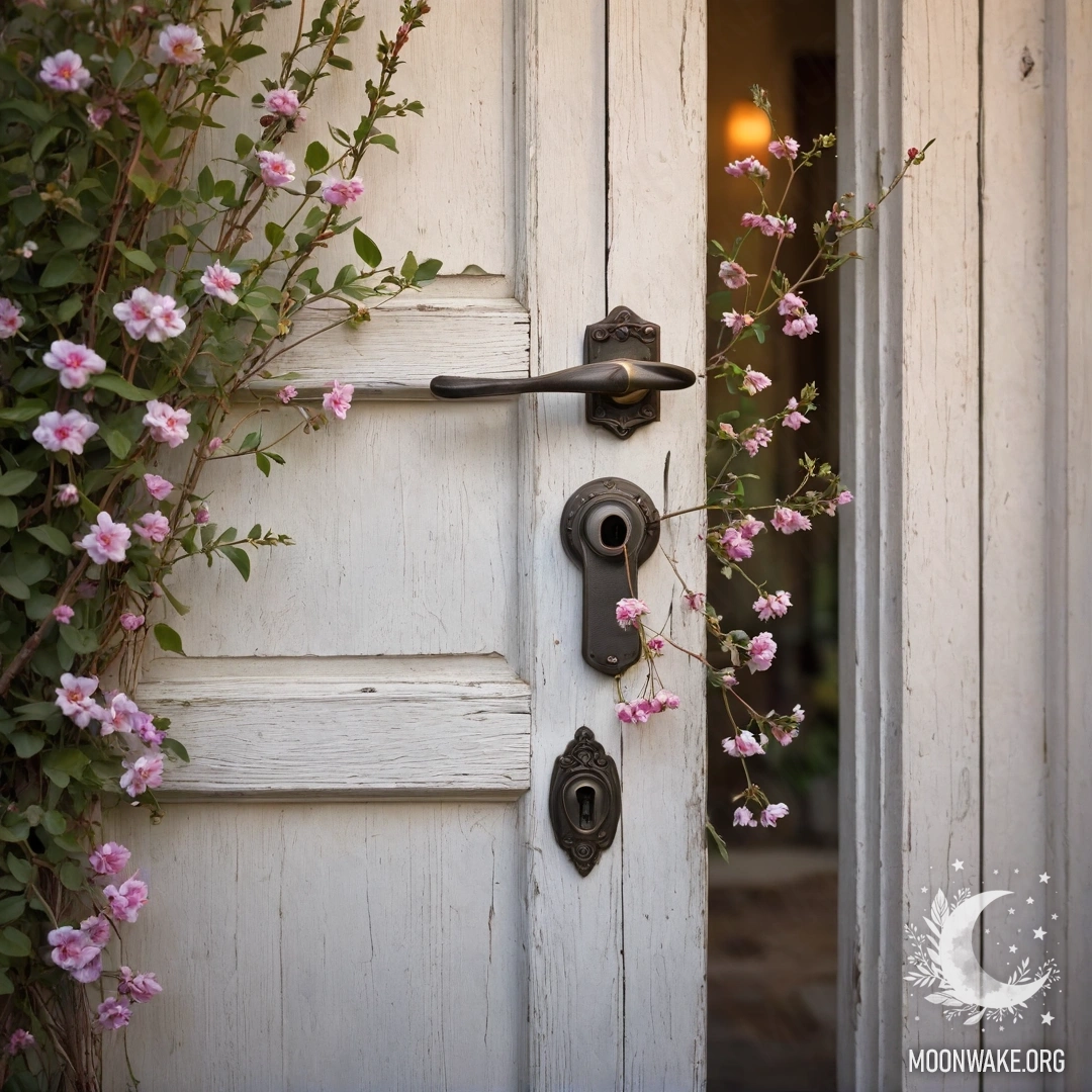 A shabby door adorned with twigs and flowers on the handle during sunset.
