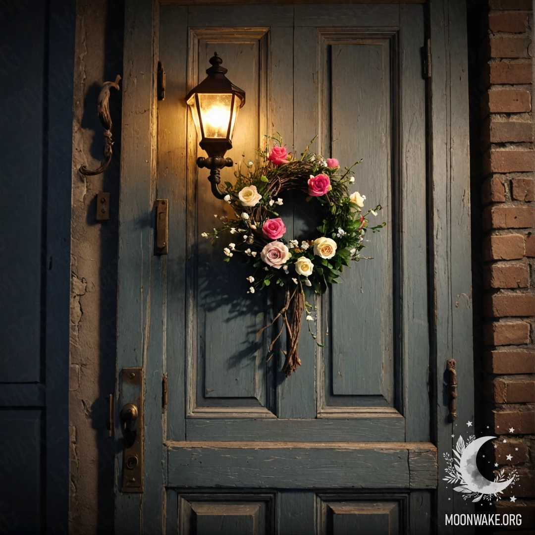 A shabby door at night with twigs and flowers on the handle.