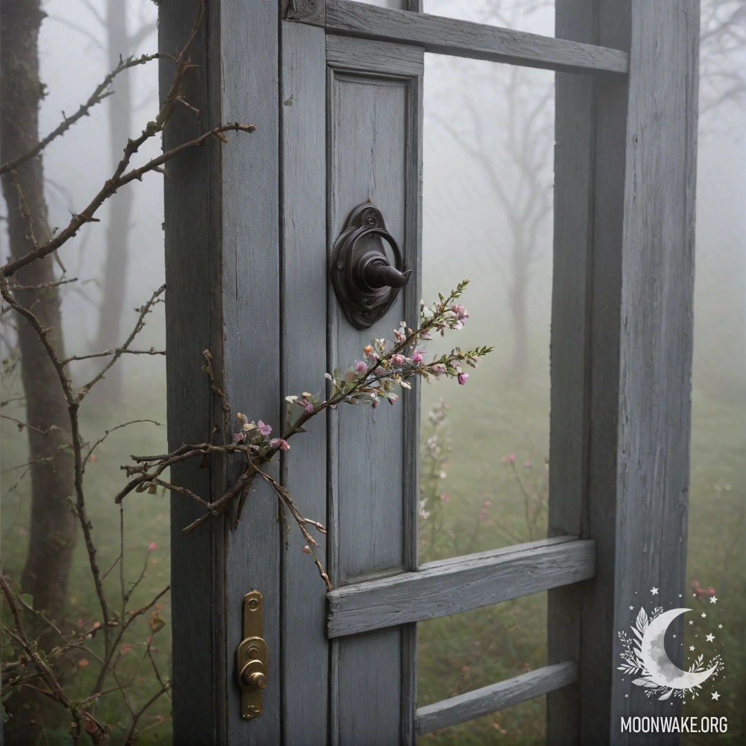 Cozy Shabby Door with Flowers in Fog A cozy, shabby door adorned with twigs and flowers on the handle, enveloped in dense fog.
