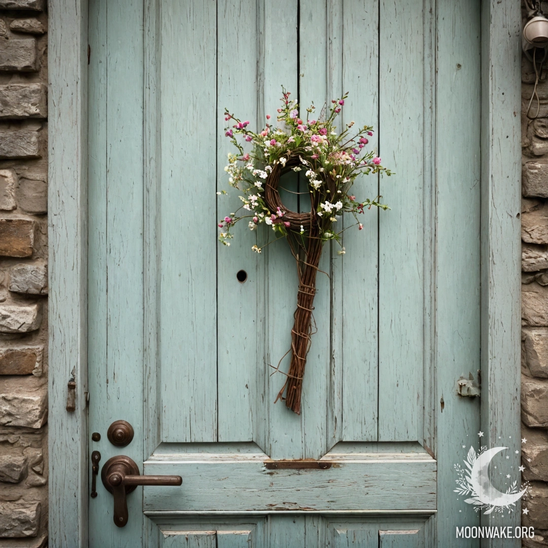 A weathered shabby door adorned with twigs and flowers on the handle, captured with a lens.