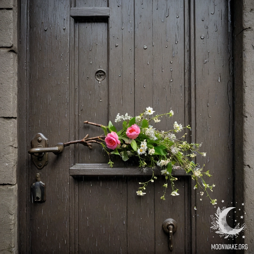 A shabby door with flower-adorned twigs hanging from the handle, drenched by the rain.