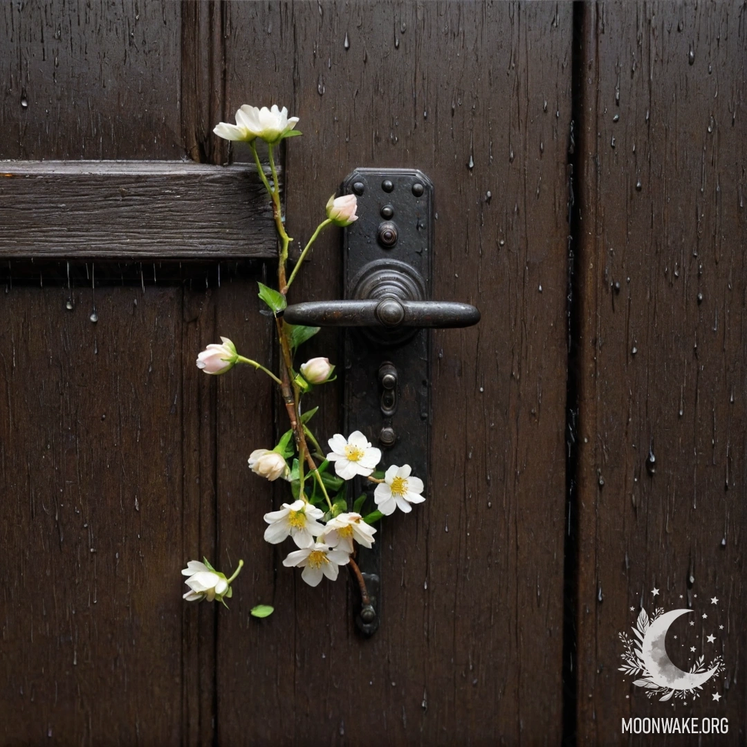 A shabby door adorned with twigs and flowers on the handle, set against a rainy backdrop.